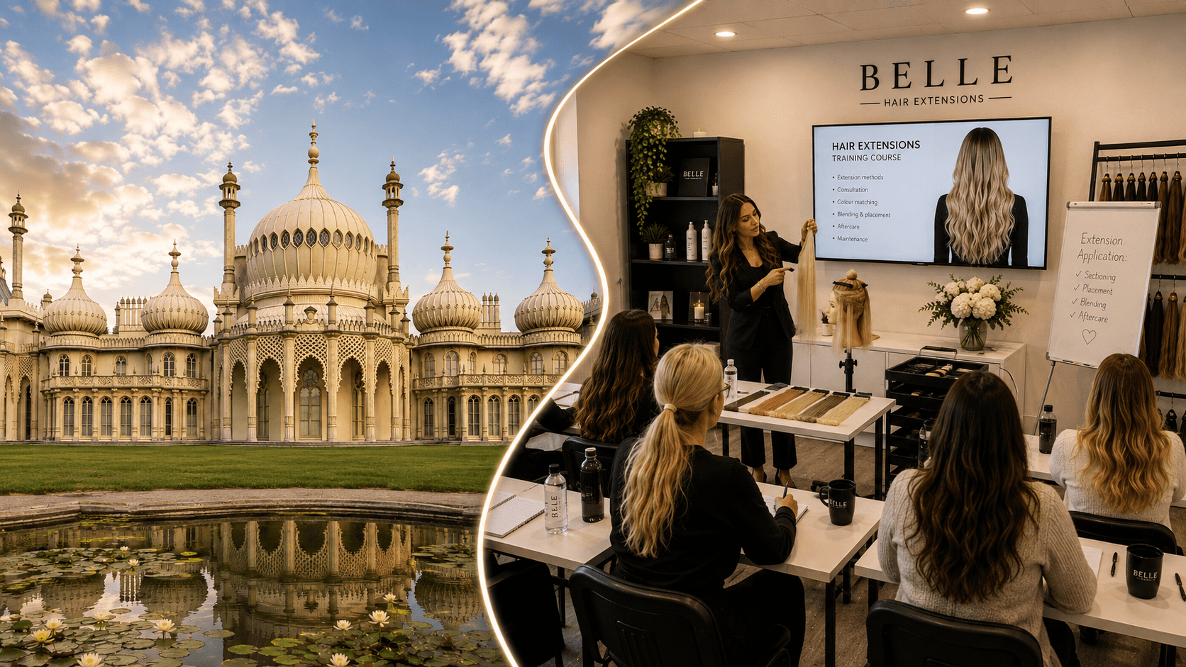 Students practising hair extension application techniques at Belle Academy training course in Brighton