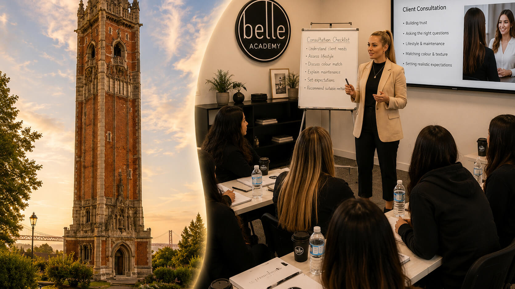 Students practising hair extension application techniques at Belle Academy training course in Bristol