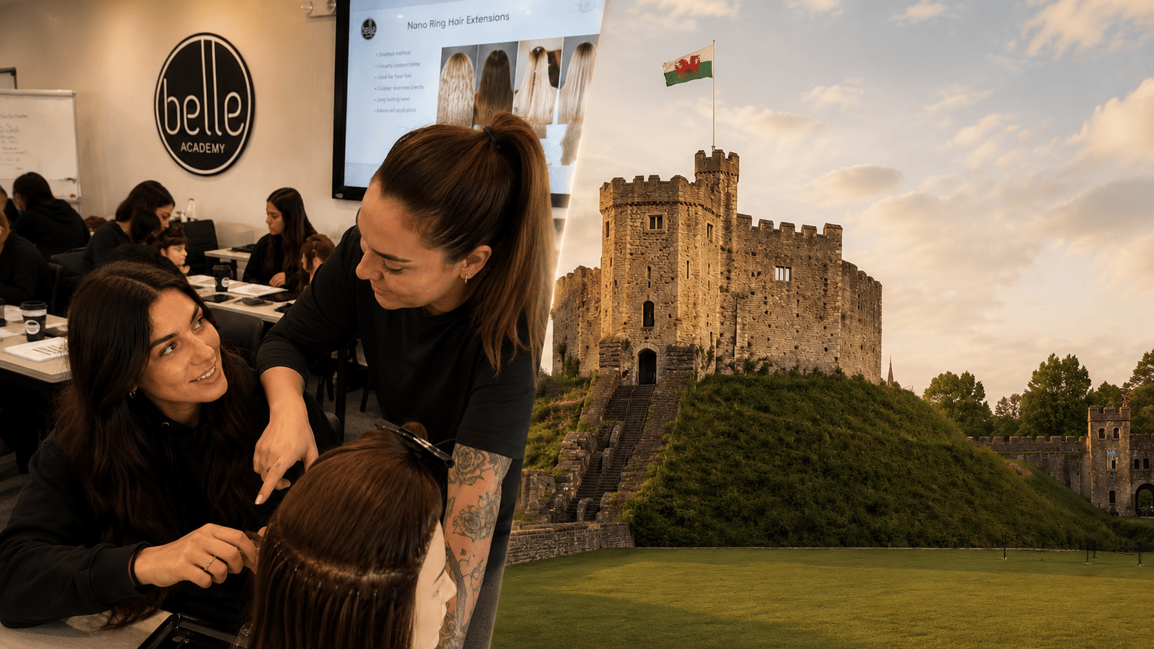 Students practising hair extension application techniques at Belle Academy training course in Cardiff