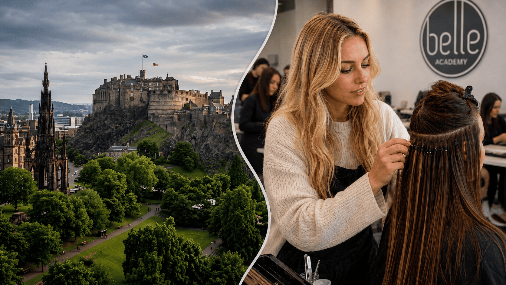 Students practising hair extension application techniques at Belle Academy training course in Edinburgh