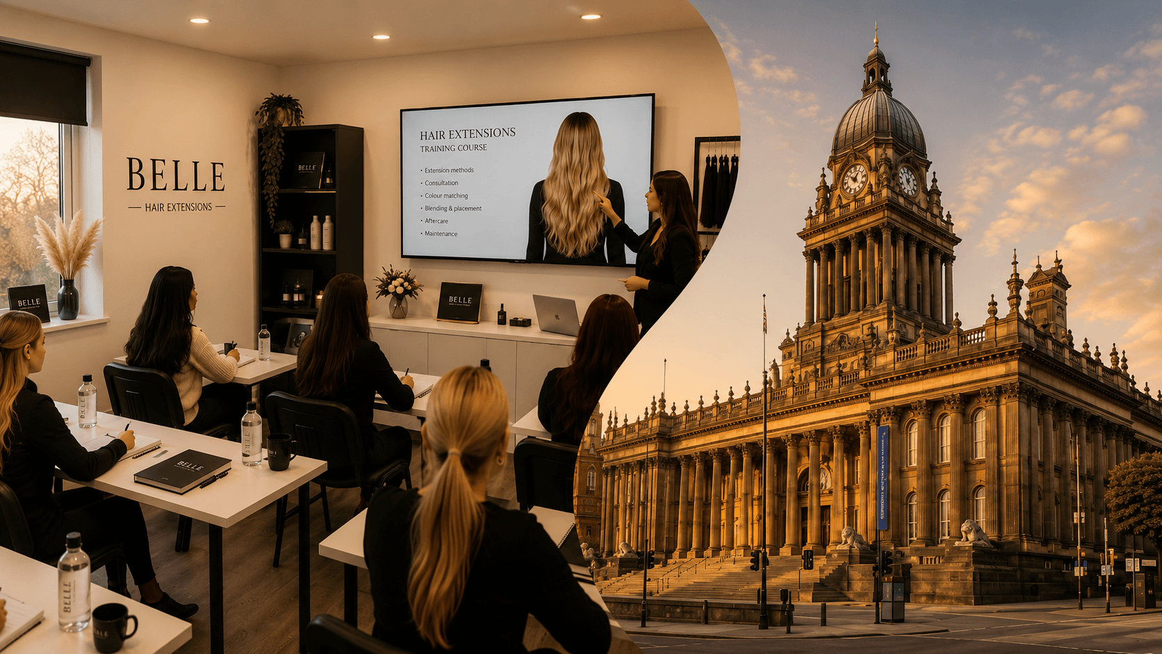 Students practising hair extension application techniques at Belle Academy training course in Leeds