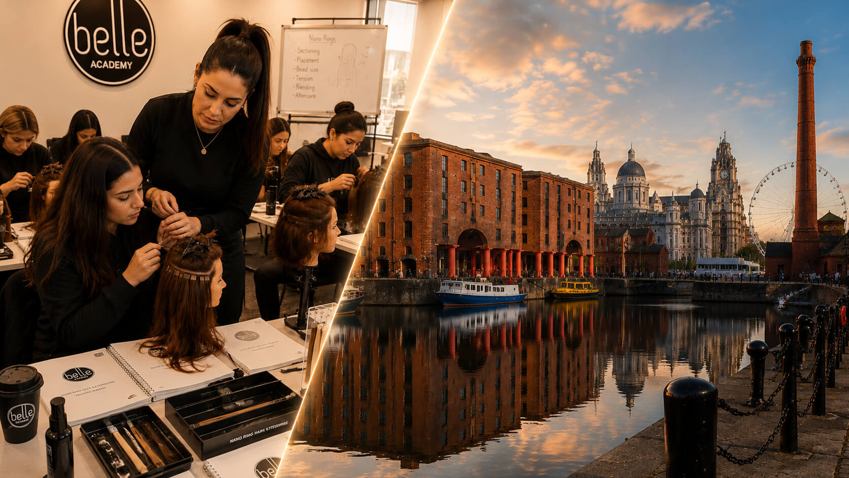 Students practising hair extension application techniques at Belle Academy training course in Liverpool