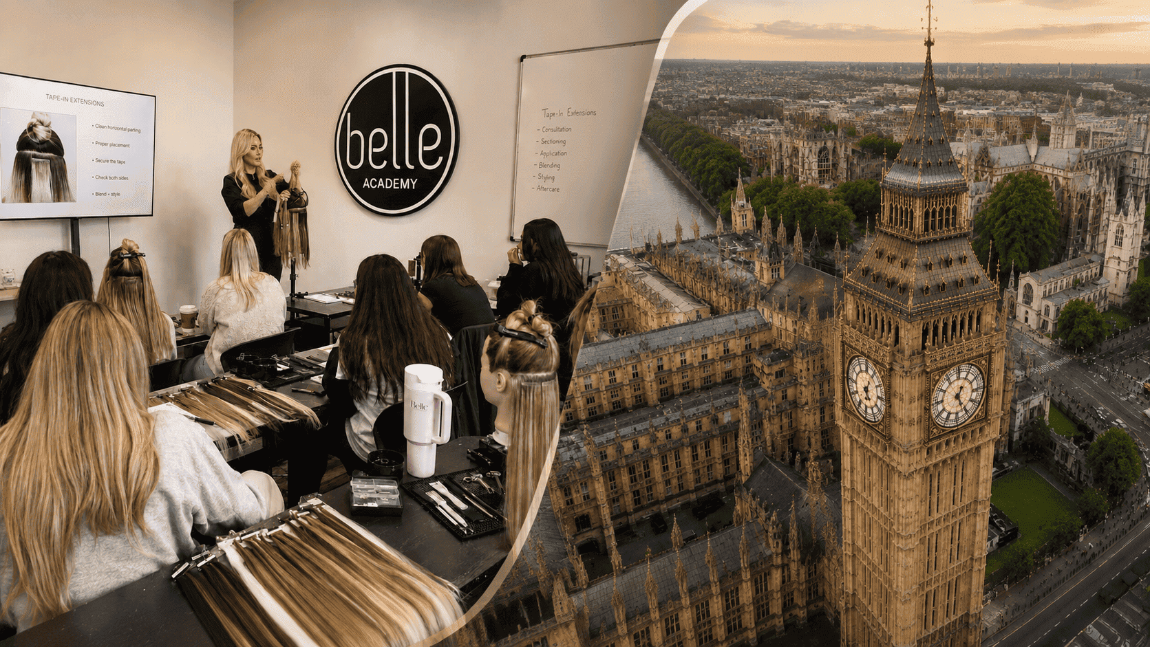 Students practising hair extension application techniques at Belle Academy training course in London