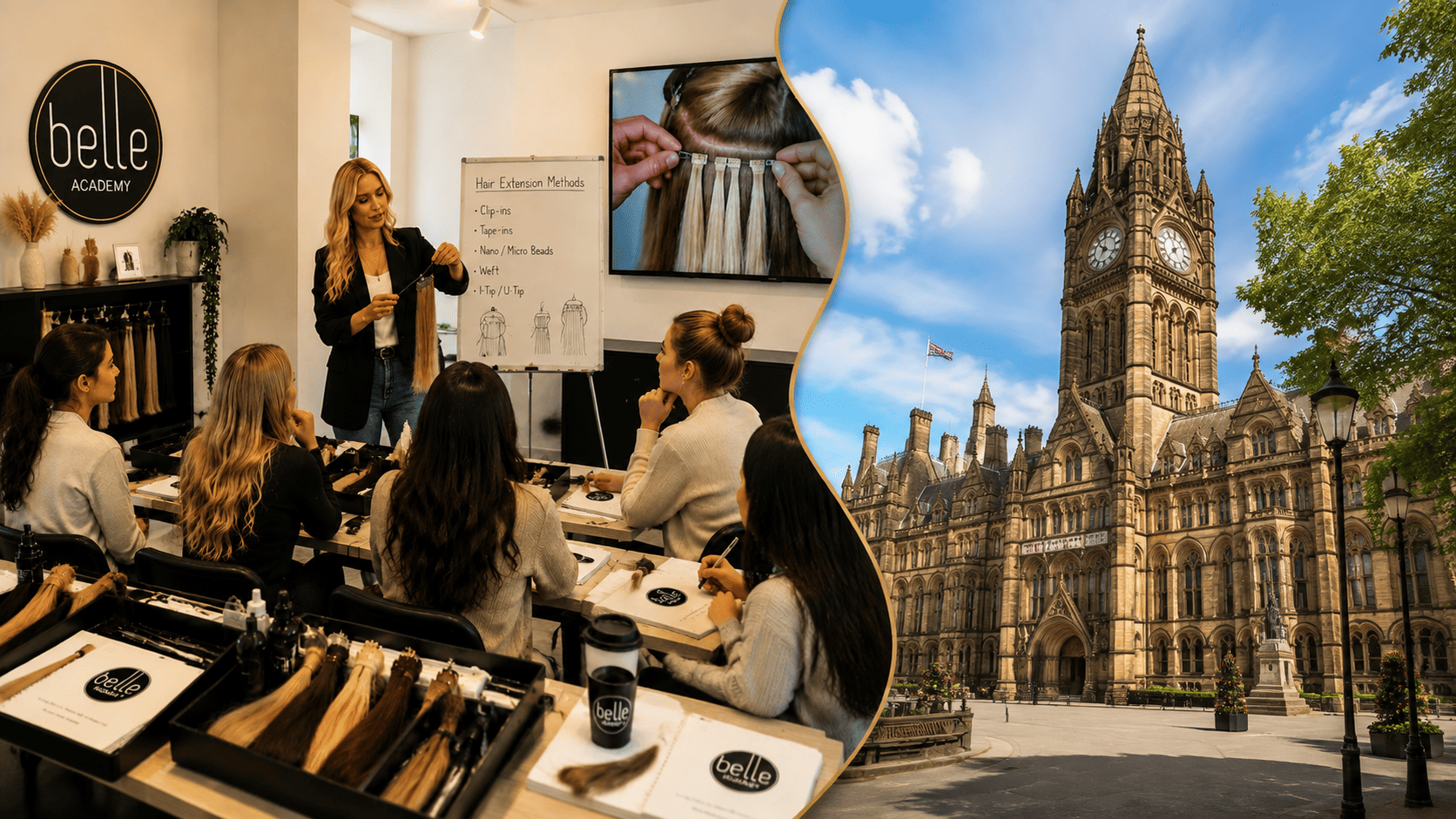 Students practising hair extension application techniques at Belle Academy training course in Manchester