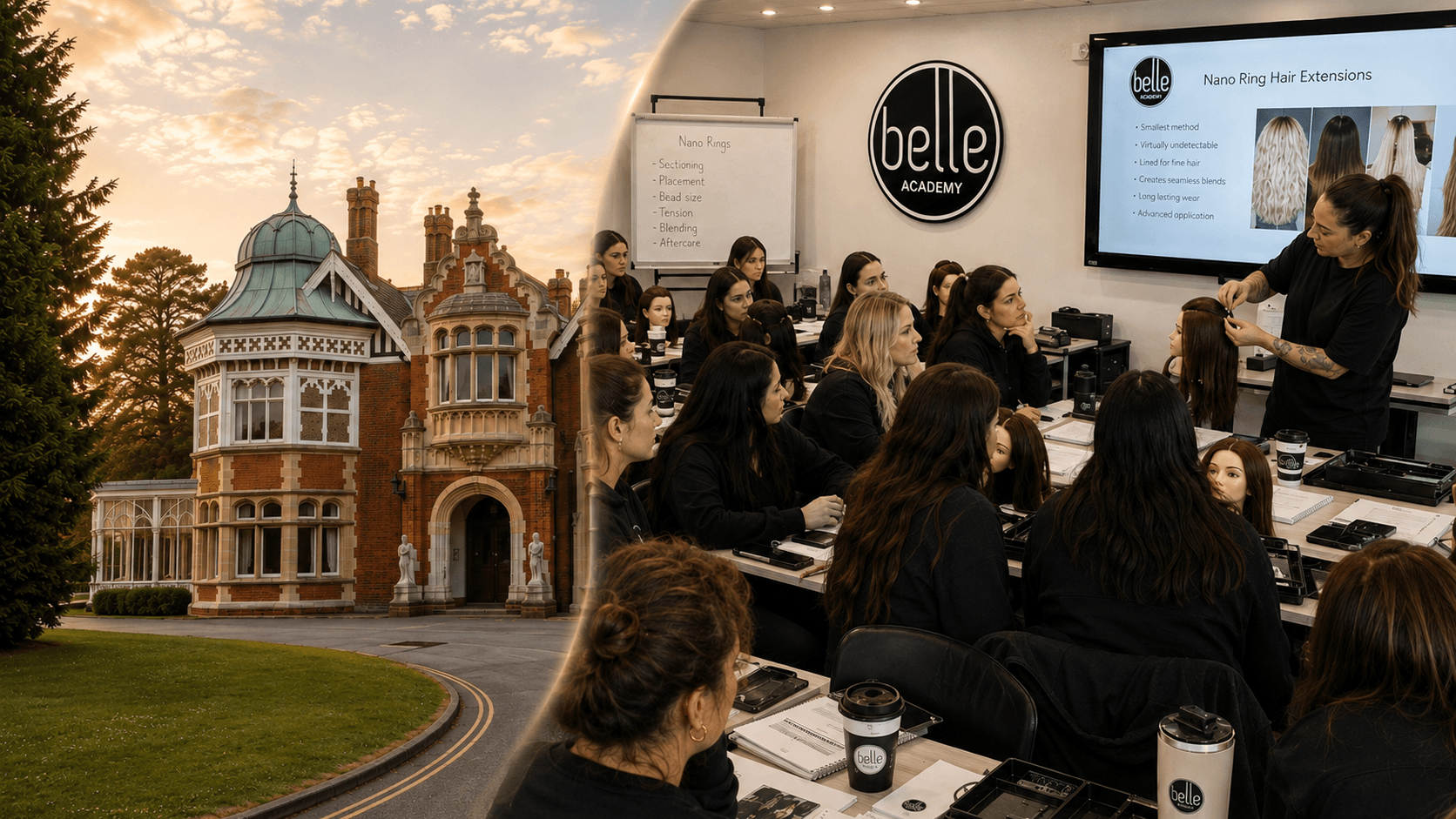 Students practising hair extension application techniques at Belle Academy training course in Milton Keynes