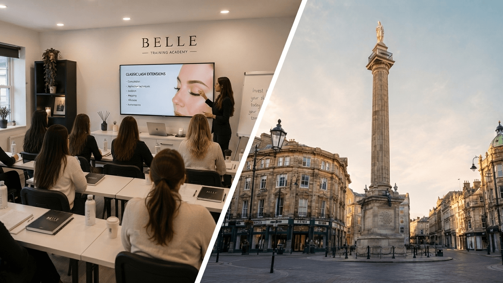 Students practising hair extension application techniques at Belle Academy training course in Newcastle