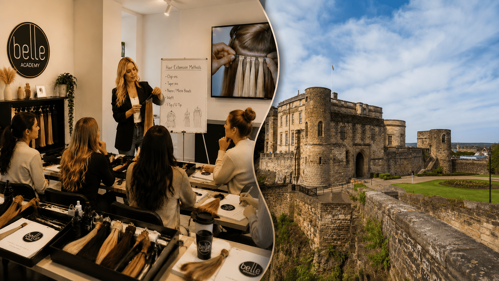 Students practising hair extension application techniques at Belle Academy training course in Nottingham