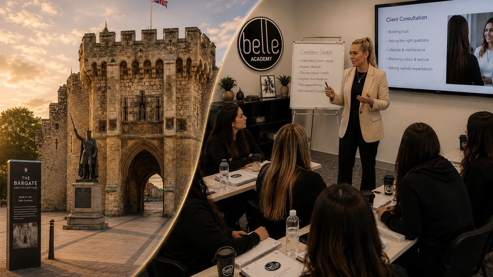 Students practising hair extension application techniques at Belle Academy training course in Southampton