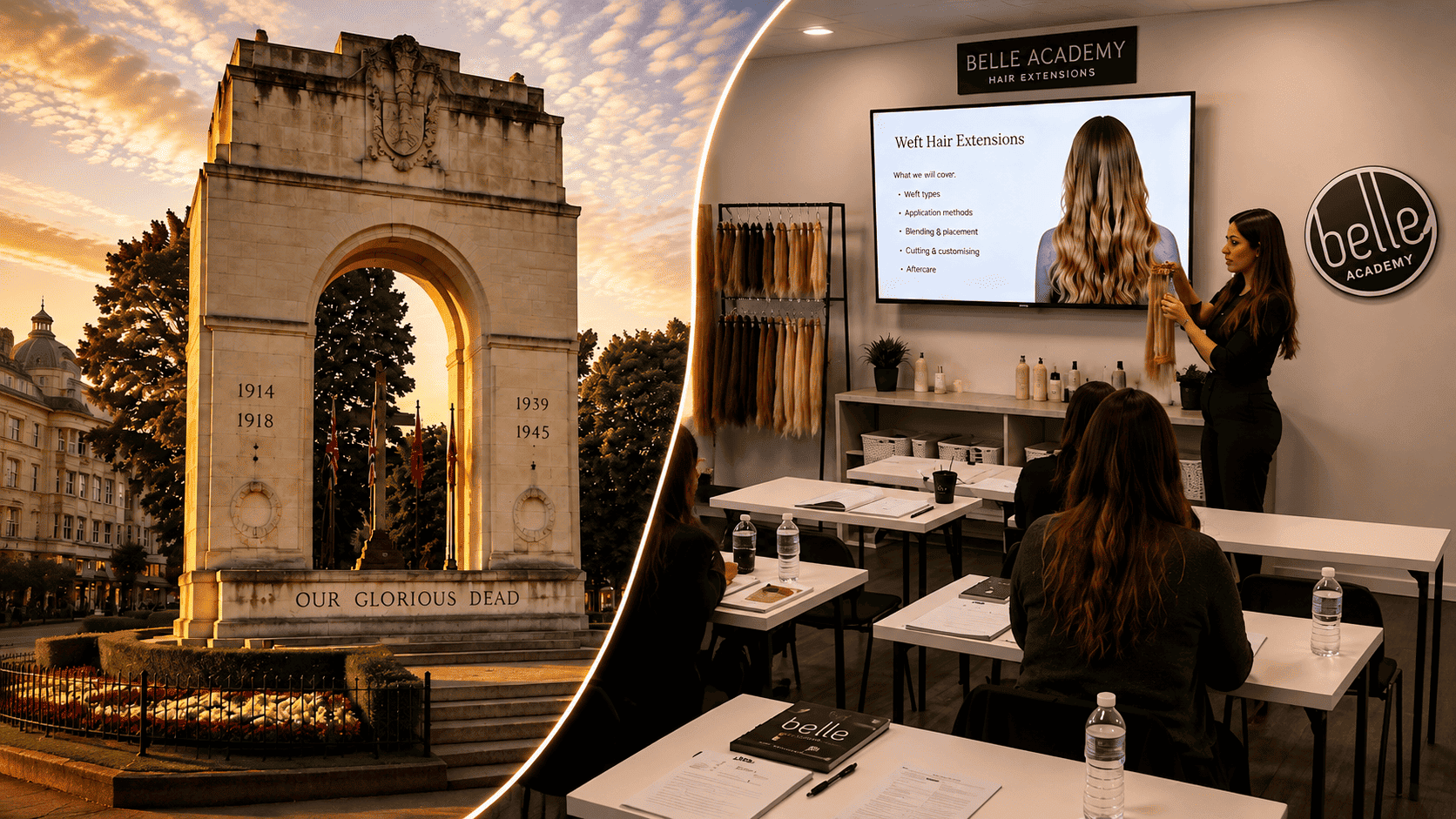 Students practising hair extension application techniques at Belle Academy training course in Bournemouth
