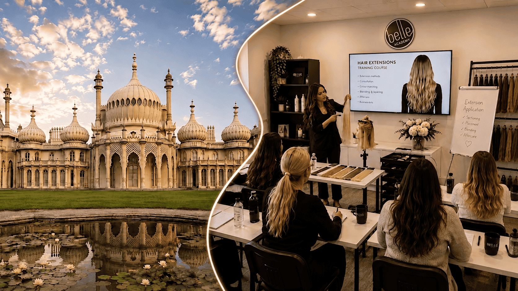 Students practising hair extension application techniques at Belle Academy training course in Brighton