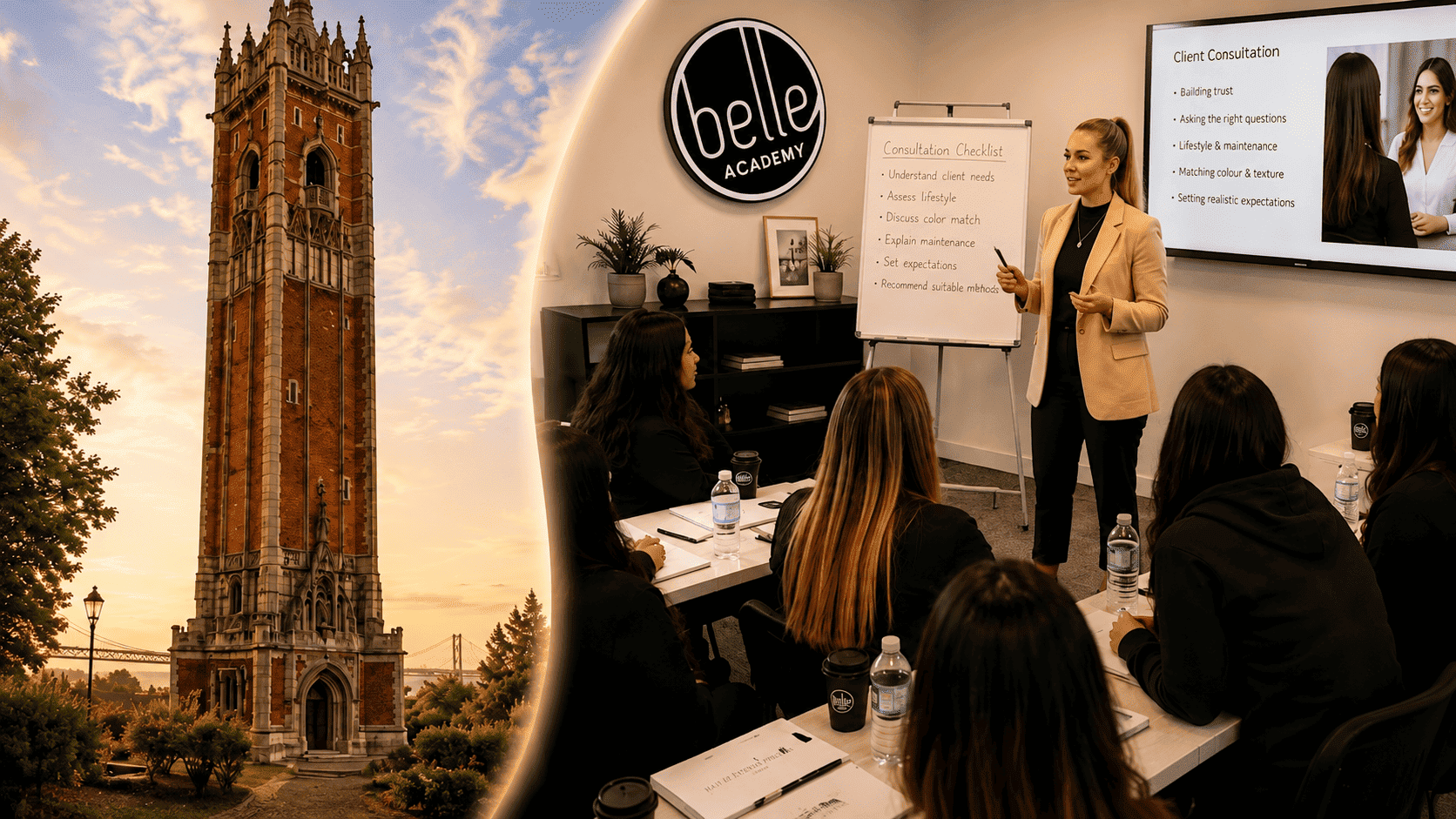 Students practising hair extension application techniques at Belle Academy training course in Bristol