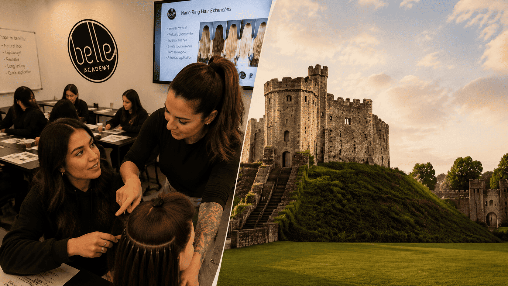 Students practising hair extension application techniques at Belle Academy training course in Cardiff