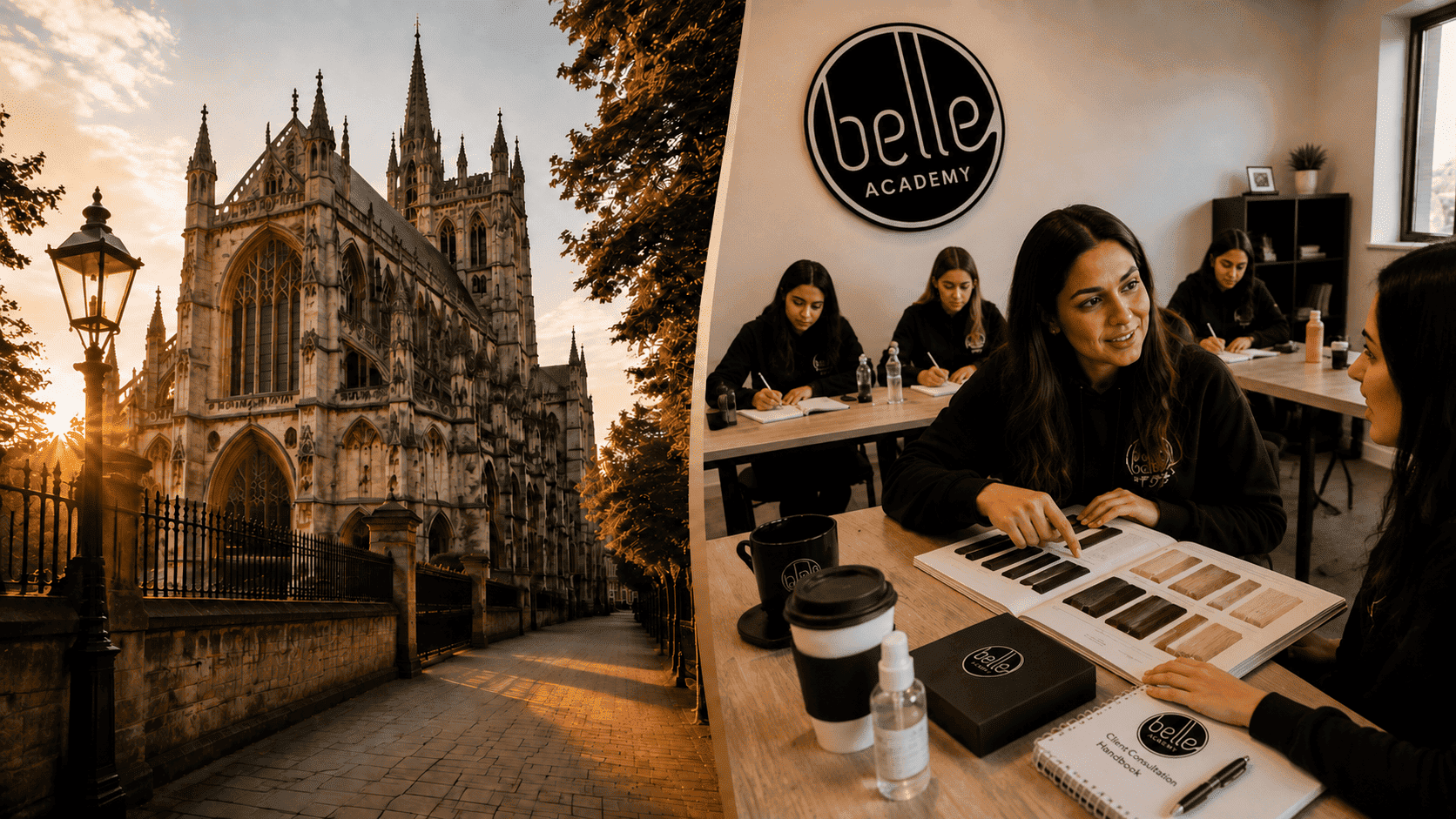 Students practising hair extension application techniques at Belle Academy training course in Exeter