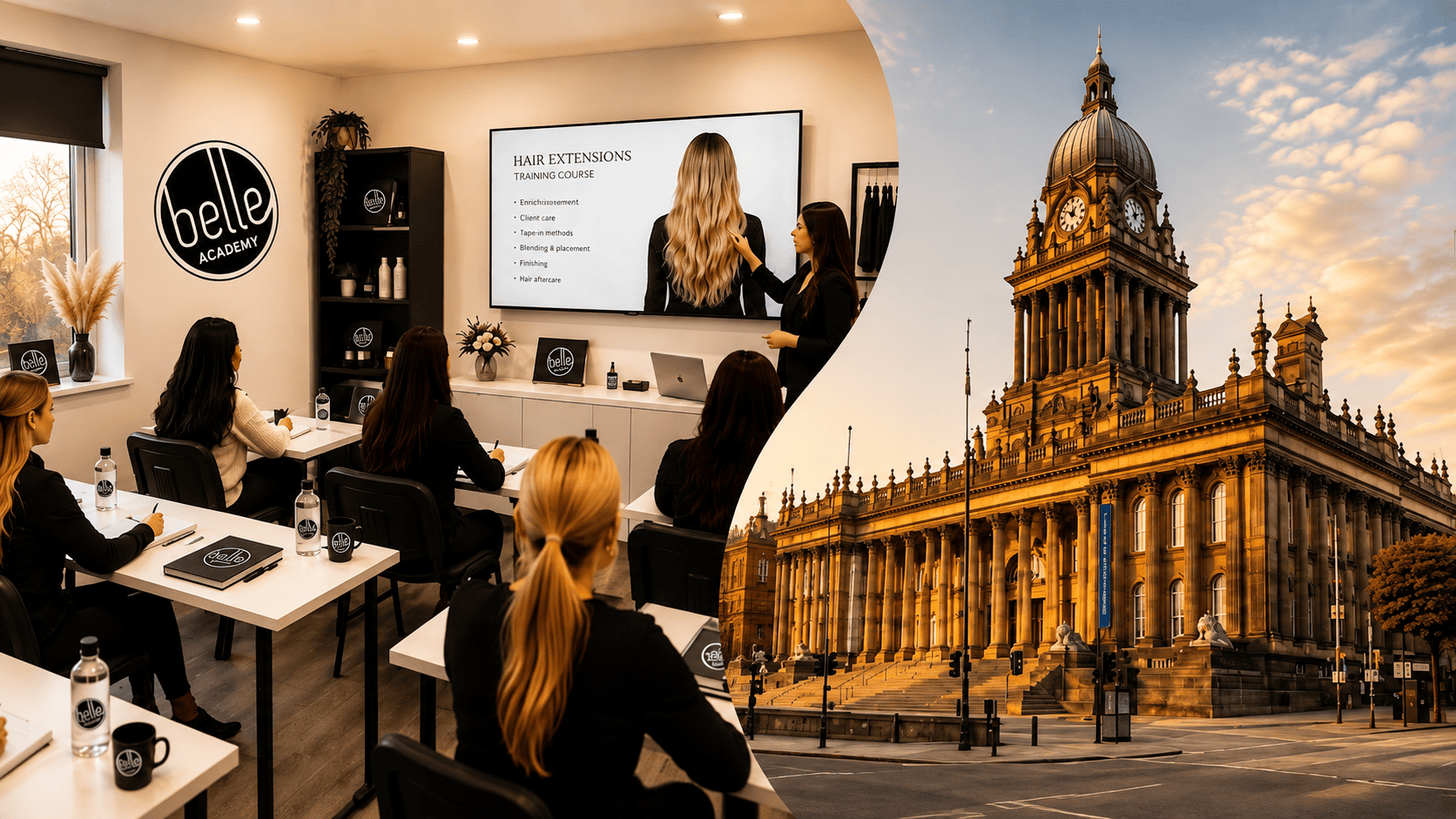 Students practising hair extension application techniques at Belle Academy training course in Leeds