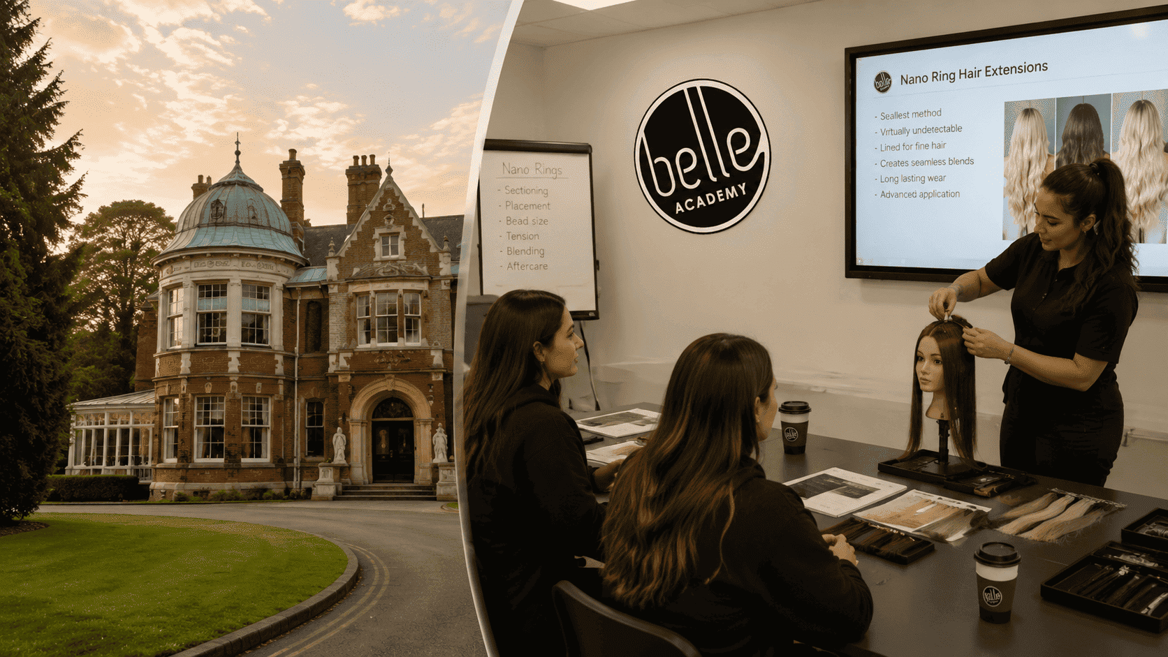 Students practising hair extension application techniques at Belle Academy training course in Milton Keynes