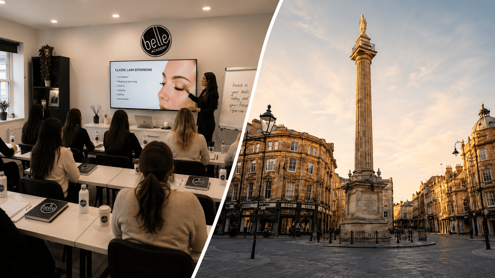 Students practising hair extension application techniques at Belle Academy training course in Newcastle