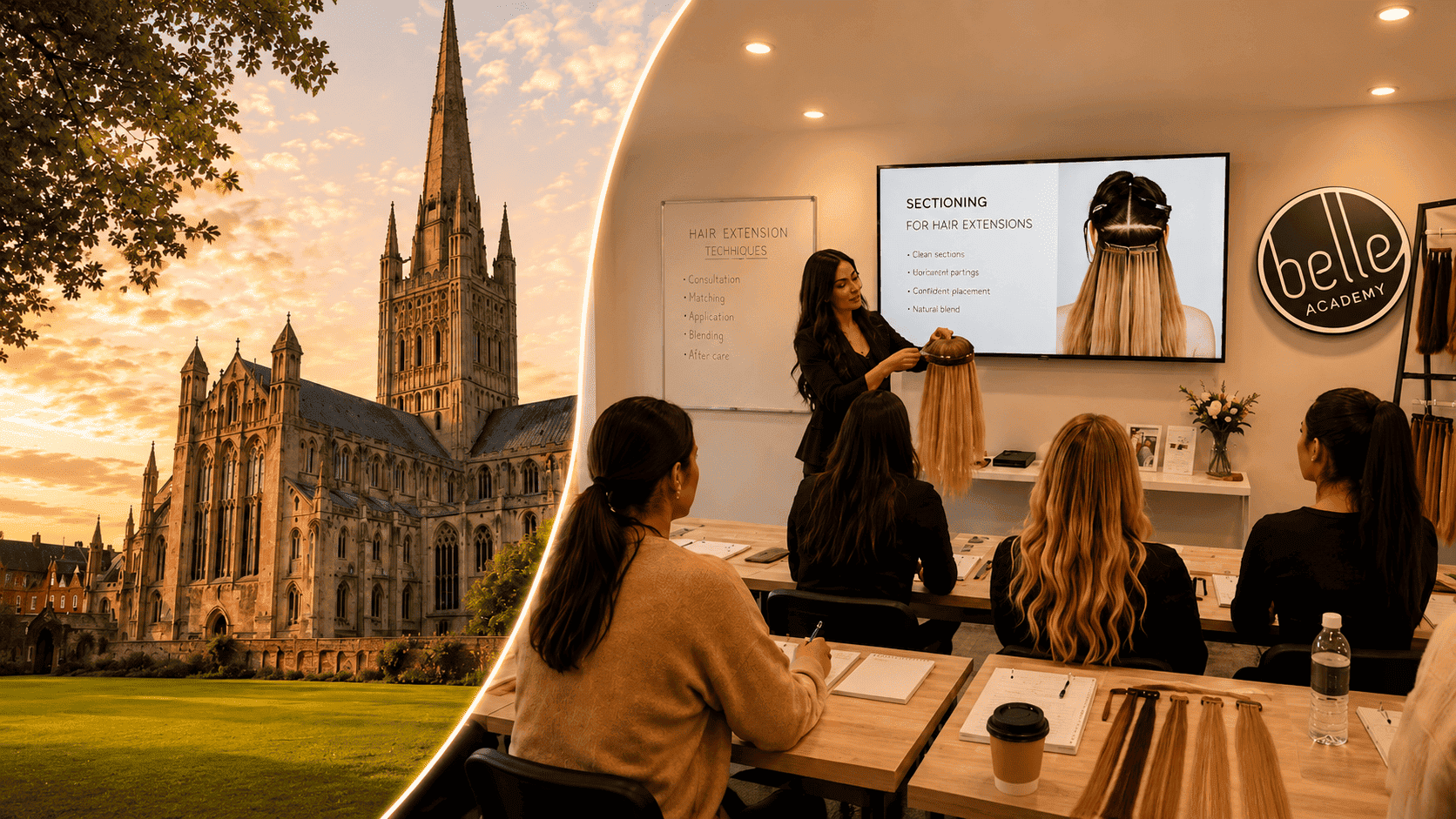 Students practising hair extension application techniques at Belle Academy training course in Norwich