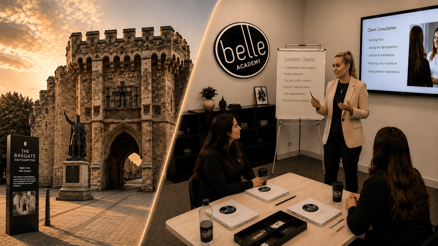 Students practising hair extension application techniques at Belle Academy training course in Southampton