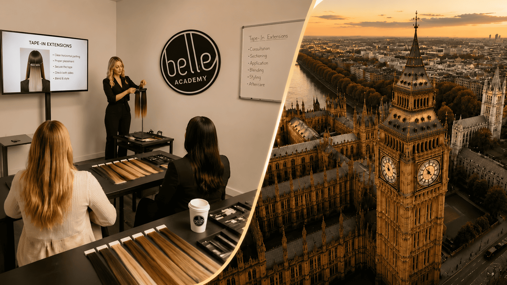 Students practising hair extension application techniques at Belle Academy training course in London